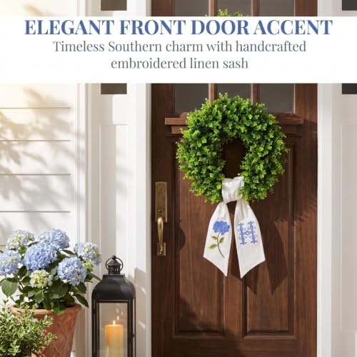Boxwood Wreath for Front Door Spring Summer Wreaths Farmhouse Hanger,Last Name Initial Year Round Porch Decor,20 inch Multi Occasion use Wreath with Personalized Monogram sash Embroidered - (H)