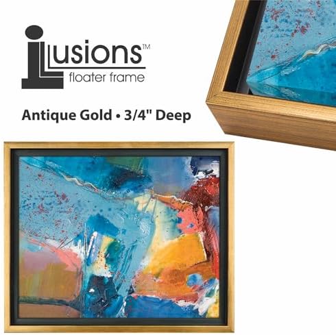 Creative Mark Illusions Floater Frame For 3/4" Deep Canvases - 24x36 Antique Gold - No Glass or Backing - Wood Composite Floating Illusion Frame for Canvas Paintings- With Hanging Hardware