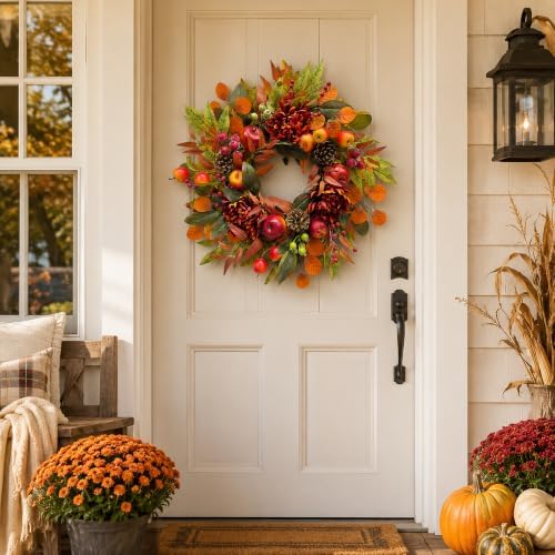 Svndlyn 22 Inch Fall Front Door Wreath with Faux Apples, Pinecones and Mums