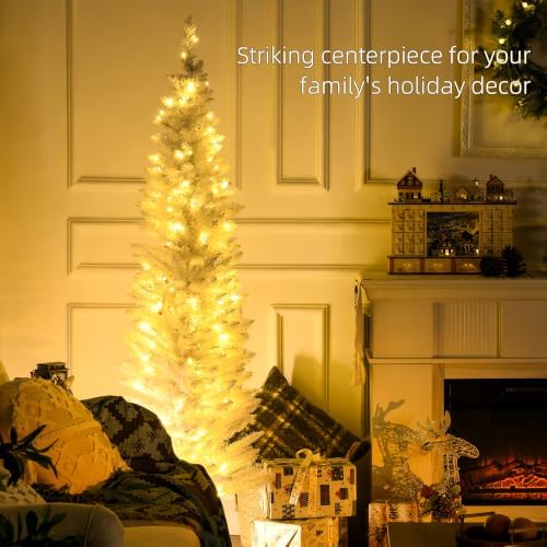 HOMCOM 6' Tall Pre-Lit Noble Fir Artificial Pencil Christmas Tree White