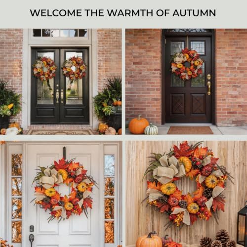 24 Inch Fall Wreath for Front Door, Autumn Harvest Outdoor Decoration