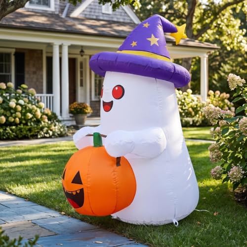 5 FT Halloween Inflatables Decor, Cute Inflatable Ghost with Pumpkin, Built-in 2 LEDs for Halloween Garden, Patios & Indoor Parties Party Decoration