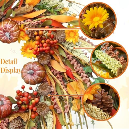 26 Inch Pumpkin Fall Wreath for Front Door Outside with Pinecones Berries