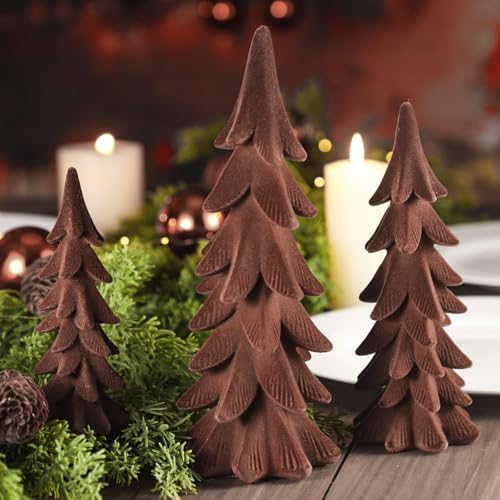 Cinnvoice 3 Set Velvet Christmas Tree Figurines, Brown