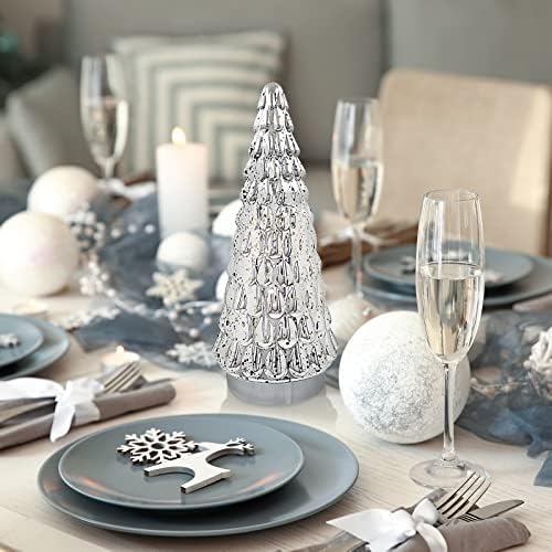 Silver Tabletop Christmas Tree 3pcs, Small Mercury Glass Christmas Trees with Light, Battery Operated Mini Xmas Tree for Fireplace Bathroom Decor 10"