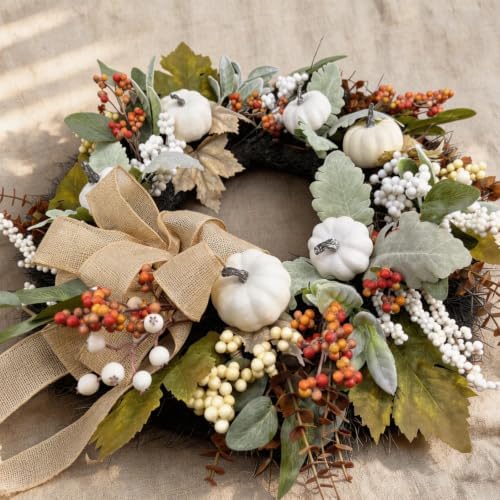 24 Inch Neutral Fall Wreath for Front Door with White Pumpkins & Bow