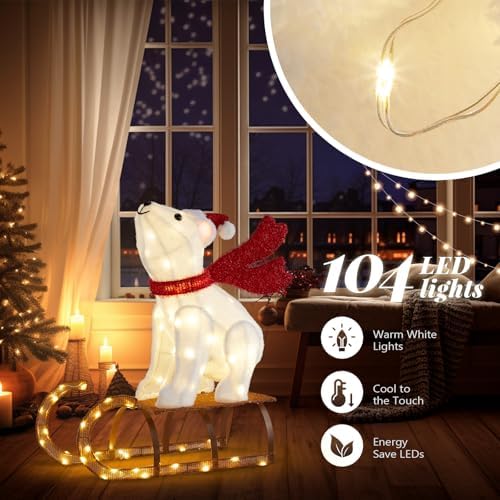 VINGLI 2.8FT Lighted Sleigh Polar Bear Christmas Outdoor Decorations, Christmas Yard Decorations with 104 Prelit LED, Light up Polar Bear Christmas Decor Outdoor for Garden, Lawn, Outside, Plug-in