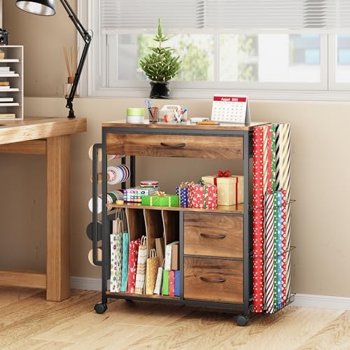 PUNLUXU Wrapping Paper Storage Cart for 12 Rolls with Ribbon Holder 04