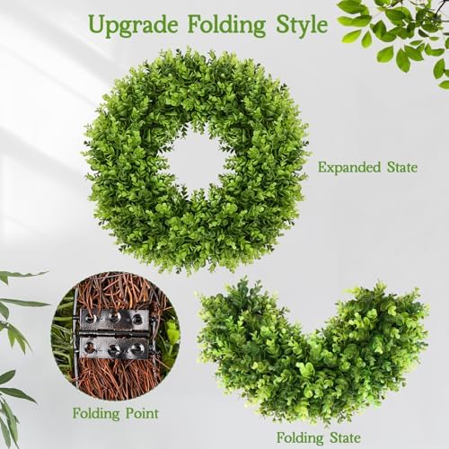 Vlorart 20" Boxwood Wreath for Front Door with Sash & Plaid Bow, Full Lush Artificial Greenery Wreath for Spring Summer Farmhouse Wall, Window & Wedding Decor