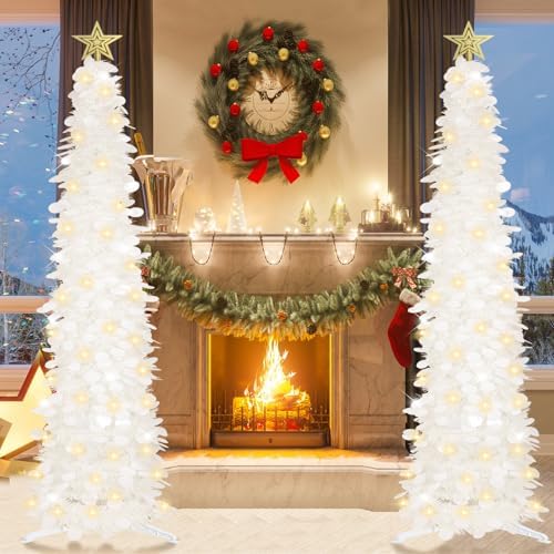 HMASYO 6 FT Pop Up Christmas Tree with 100 LED Timer Lights & Remote, White Christmas Tinsel Tree, Collapsible Artificial Pencil Tree for Home Office Party Decor, USB Powered, Easy Assembly