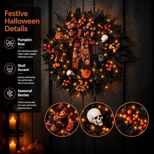24 in Halloween Wreath for Front Door, Black Skeleton Spider Web Door Decor