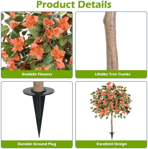 2PCS Fall Tree 4FT Artificial Bougainvillea Tree with Ground Spike UV Resistant Fake Orange Flower Topiary Plants for Outdoor Garden Patio Front Porch Autumn Thanksgiving Halloween Decor