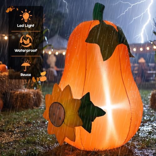 4FT Fall Harvest Inflatable Pear‑Shaped Pumpkin with Sunflower & LED