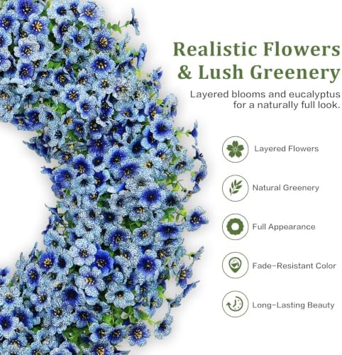 24" Blue Artificial Floral Wreath for Front Door Outside All Seasons