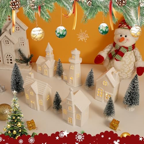 11Pcs White Ceramic Christmas Village Houses with Timer