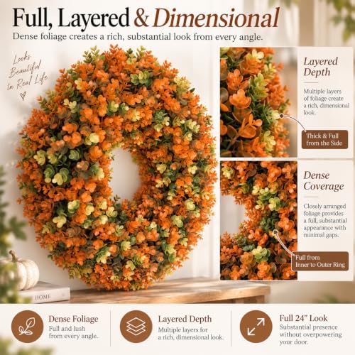 Fall Wreaths for Front Door, 24 Inch Faux Boxwood Wreath, Terracotta & Sage