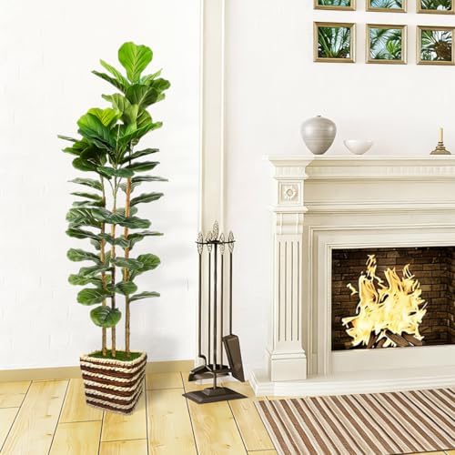 Artificial Fiddle Leaf Fig Tree Indoor with Woven Basket - 5ft Tall Fake Tree with Real-Wood Trunk,Faux Plants for Living Rooms, Offices, Kitchens & Outdoor Spaces (Square Basket)