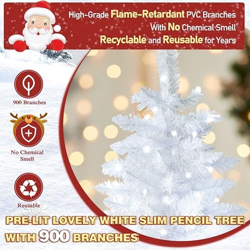 Yardenaler 7.5FT Artificial Christmas Tree with 350 LED Lights, 900 Branches Pre-Lit Pencil Christmas Tree, Slim Xmas Tree with Base for Indoor, Cool White Lights Festival Decoration for Party, White