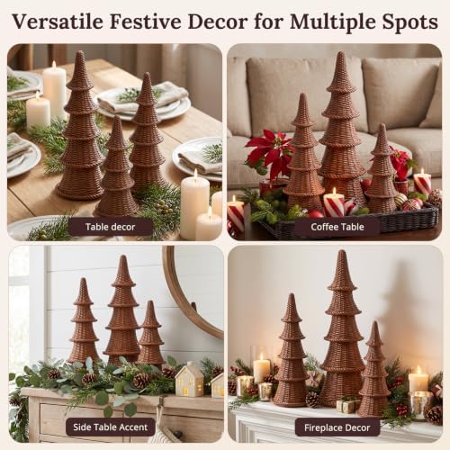 3PCS Resin Christmas Trees, Woven Style Tabletop Decor, Gift Box Set