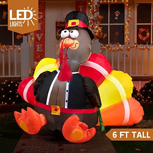 Joiedomi 6 FT Thanksgiving Inflatable Turkey Decorations, LED Light Up Turkey with Pilgrim Hat, Blow Up Decor for Thanksgiving Outdoor Decorations, Halloween Inflatable for Yard Garden