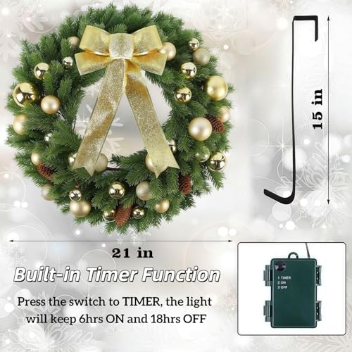Hausse 21" Lighted Christmas Wreath with Metal Hanger, Pre-lit Xmas Folded Wreath with LED Lights, Golden Bow & Balls, Battery Operated & Timer for Front Door Gate Wall Holiday Party Decor