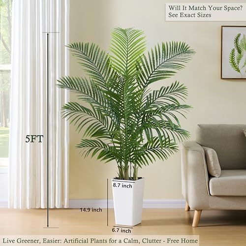 Artificial Palm Tree:5FT Tall Fake Areca Palm Plant (White Planter)