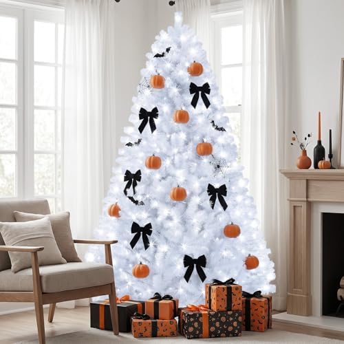 6ft White Prelit Christmas Tree with 300 LED White Lights, 726 Dense Branch Tips, Versatile Holiday Tree for Christmas, Halloween and Party Decor