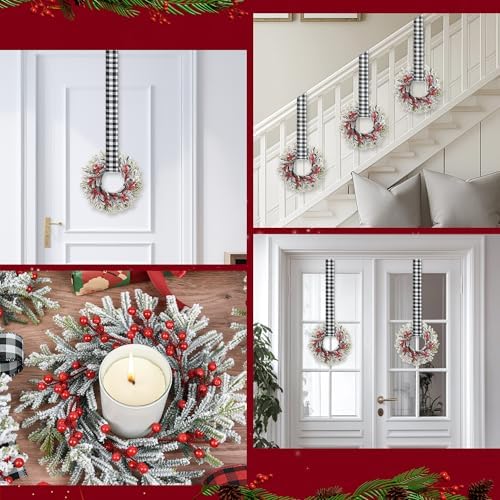 12 Pcs 9.5'' Small Christmas Kitchen Cabinet Wreaths with Adjustable Ribbon Mini Hanging Christmas Wreath Candle Rings Artificial Norfolk Pine Wreath for Door Window Wall (White & Black Plaid)