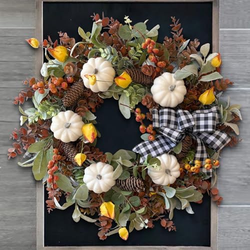 WANNA-CUL 24 Inch Farmhouse Fall Wreath for Front Door with White Pumpkins