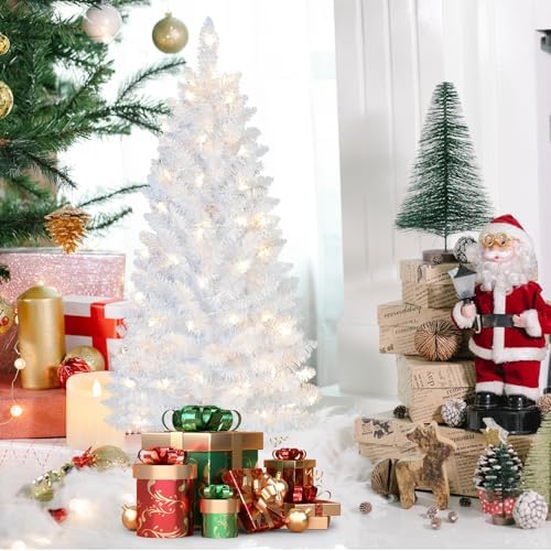 4ft Lighted Artificial White Christmas Tree | Leeheeyee Small Christmas Tree, Not Pre-lit White Tinsel Pine Trees with Lights, Ideal for Home, Office, and Xmas Tree Party Décor