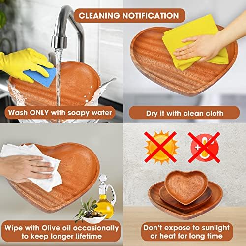 VieWood Heart Wooden Plates Set of 3 Unbreakable Classic Appetizer Plates, Easy Cleaning & Light weight for Dishes Snack, Dessert (Khaya, 4.1" & 6.3" & 8.7")