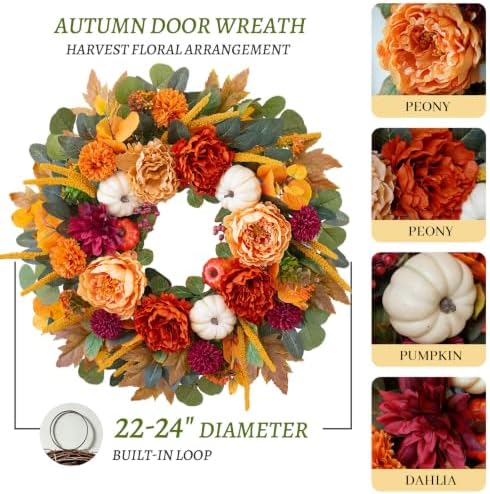24 Inch Fall Wreaths for Front Door with Orange Peony and Burgundy Dahlias