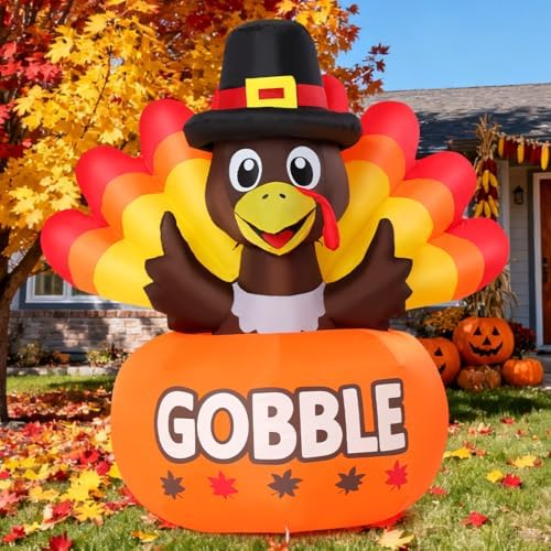 GOOSH 4FT Thanksgiving Inflatables Turkey Outdoor Decorations with Built-in LED Lights,Blow Up Turkey with Pumpkin for Lawn Yard Garden Party House Holiday Decor