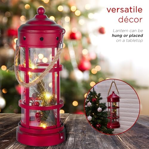Alpine Corporation 13" Tall Metal and Glass Christmas Lantern with 8 Warm White LED Lights, Built-in Timer, Indoor Holiday Decoration for Tabletop or Hanging Display, Red