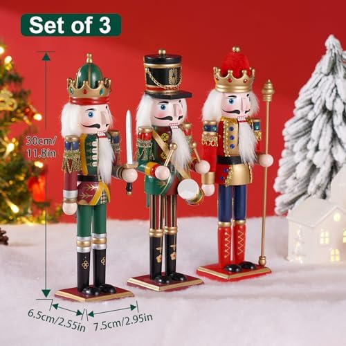 3 Pcs Wooden Christmas Nutcracker Soldier,30CM Traditional Painted Nutcracker Figures,Festive Collectible Christmas party for Home Fireplace Christmas Tree Party Decoration (Drummer&Spear&Swordsmen)