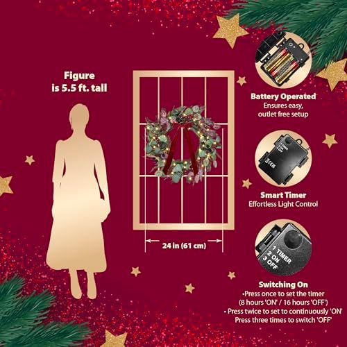24 Inch Pre-Lit Artificial Christmas Wreath for Front Door Welcome - Realistic Frosted Eucalyptus Black Berries Red Velvet Bow - 50 LED Battery Operated Timer for Indoor Outdoor Modern Farmhouse