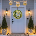 Hausse 21" Lighted Christmas Wreath with Metal Hanger, Pre-lit Xmas Folded Wreath with LED Lights, Golden Bow & Balls, Battery Operated & Timer for Front Door Gate Wall Holiday Party Decor