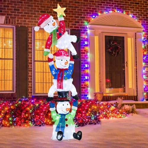 Tangkula 6 FT Lighted Christmas 3 Stacked Snowman, 3D Xmas Light-up Snowman