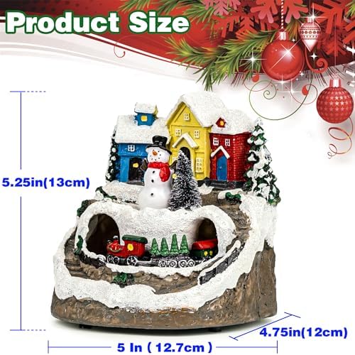 MXwcy Christmas Village House with Moving Train & Music - Lighted Snowman Figurine with 8 Holiday Songs, LED Lights - Resin Collectible Building for Indoor Xmas Decor, Table Centerpiece, Gifts
