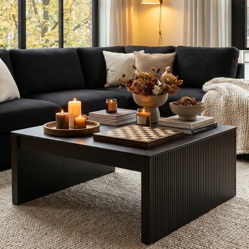 LITTLE TREE 39.4" Square Fluted Coffee Table, Mid-Century Modern Black Center Table for Living Room, Architectural Wood Cocktail Tea Tables, Contemporary Coffee Tables, Easy Assembly