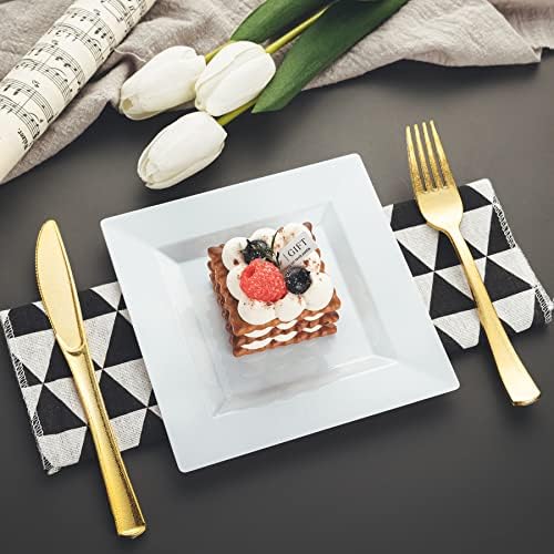 100 Pack White Plastic Square Dessert Plates, 6.5" Disposable Salad Plates