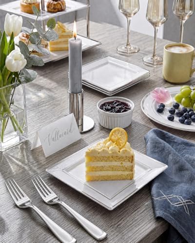 bUCLA 100PCS White and Silver Square Plastic Plates - 6inch Disposable Dessert Plates - Suitable for Weddings, Parties, Christmas