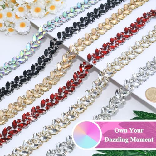 6 Yards Crystal Rhinestone Ribbon Trim, AB Silver Self Adhesive Bling Diamond Tape Strips Roll, Chain Applique Stickers for Dress Wedding Fringe & DIY Craft Decoration