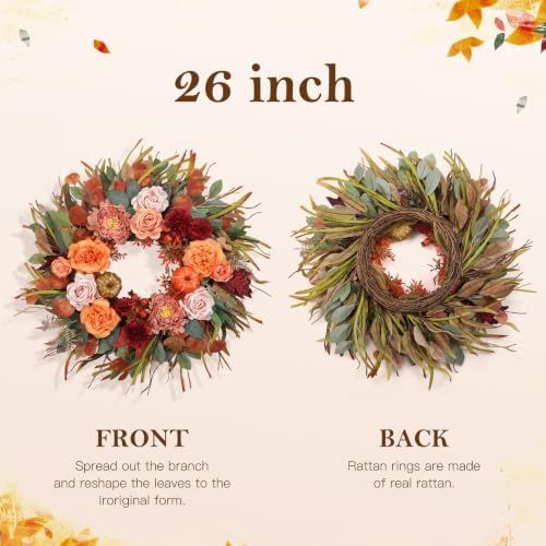 26” Fall Wreaths for Front Door, Autumn Harvest Wreath for Indoor & Outdoor