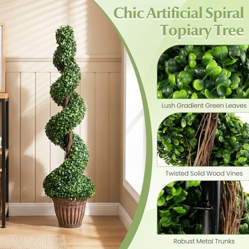 GOPLUS 4 Ft Artificial Boxwood Spiral Topiary Tree, Fake Greenery Plants, Leaves & Cement-Filled Plastic Flower Pot Decorative Trees for Porch Home Office Indoor Outdoor