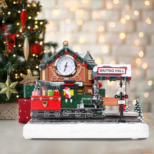 WONDER GARDEN Christmas Village Houses-Christmas Houses Village - Lighted Musical Railway Station Collectible Buildings with Moving Train for Home Indoor Decor or Gift