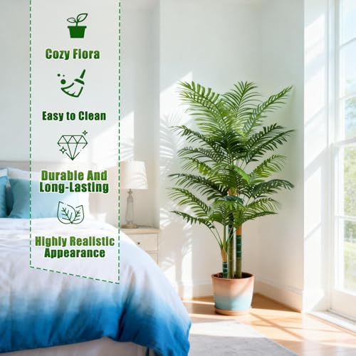 4FT Tall Golden Cane Artificial Palm Tree, Large Faux Palm Tree with 3 Textured Trunks, Outdoor Artificial Plants, Fake Tree for Indoor Office Living Room Outside Patio.