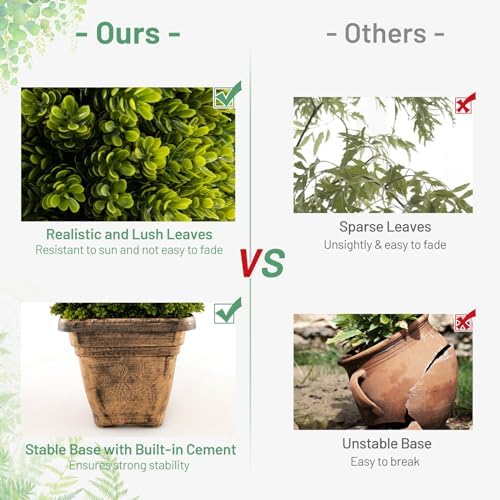 GOFLAME 3FT Artificial Boxwood Topiary Tree, Faux Boxwood Tree with Cement-Filled Pot, Fake Potted Bushes and Shrubs for Indoor & Outdoor Porch Garden Patio, No Maintenance Needed