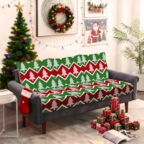 ANNA QUEEN 8Pcs Christmas Tree Zigzag Sofa Printed Couch Cushion Covers – Washable Stretchy Replacement Furniture Protector, Non-Slip Couch Cushion Cover Sofa Covers for Holiday Home Décor