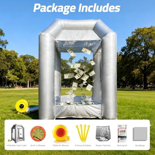 Inflatable Cash Cube Booth with 2 Blowers, Inflatable Money Grab Machine for Commercial Advertising & Event Promotion, Fast Inflation (Silver, 5.2x5.2x8.5FT)